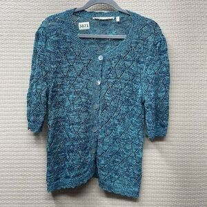 Soft Surroundings Open Knit Short Sleeve Button Front Sweater Women Size Medium